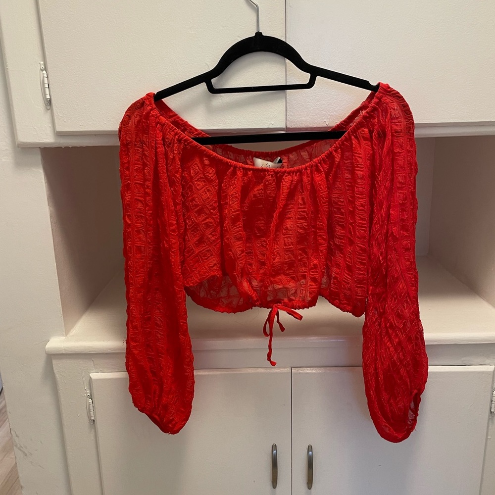 L'academie REVOLVE off shoulder sheer red crop top with drawstring bottom.